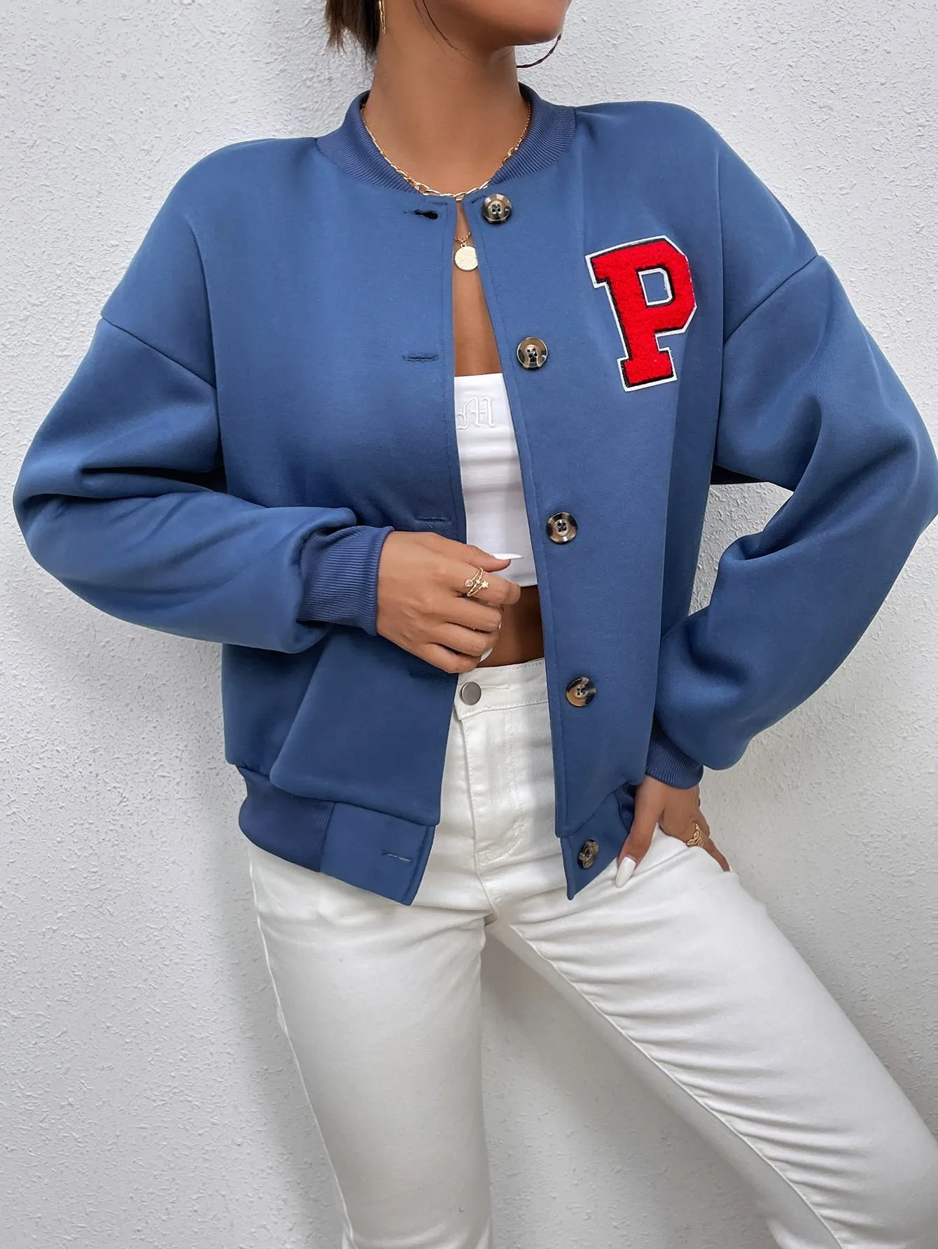 Sporty Letter Button Front Long Sleeve Baseball Collar Regular Women Jacket