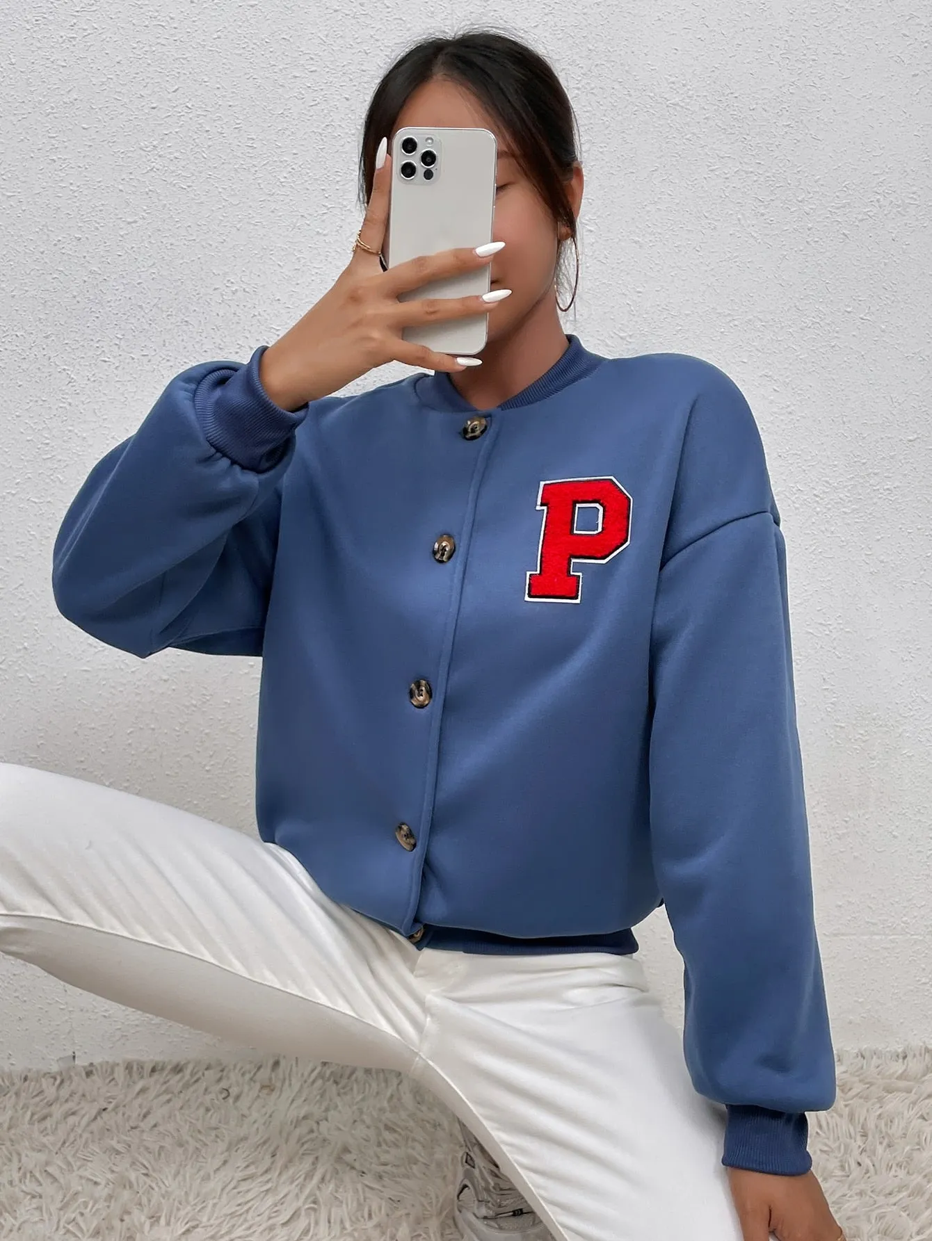 Sporty Letter Button Front Long Sleeve Baseball Collar Regular Women Jacket