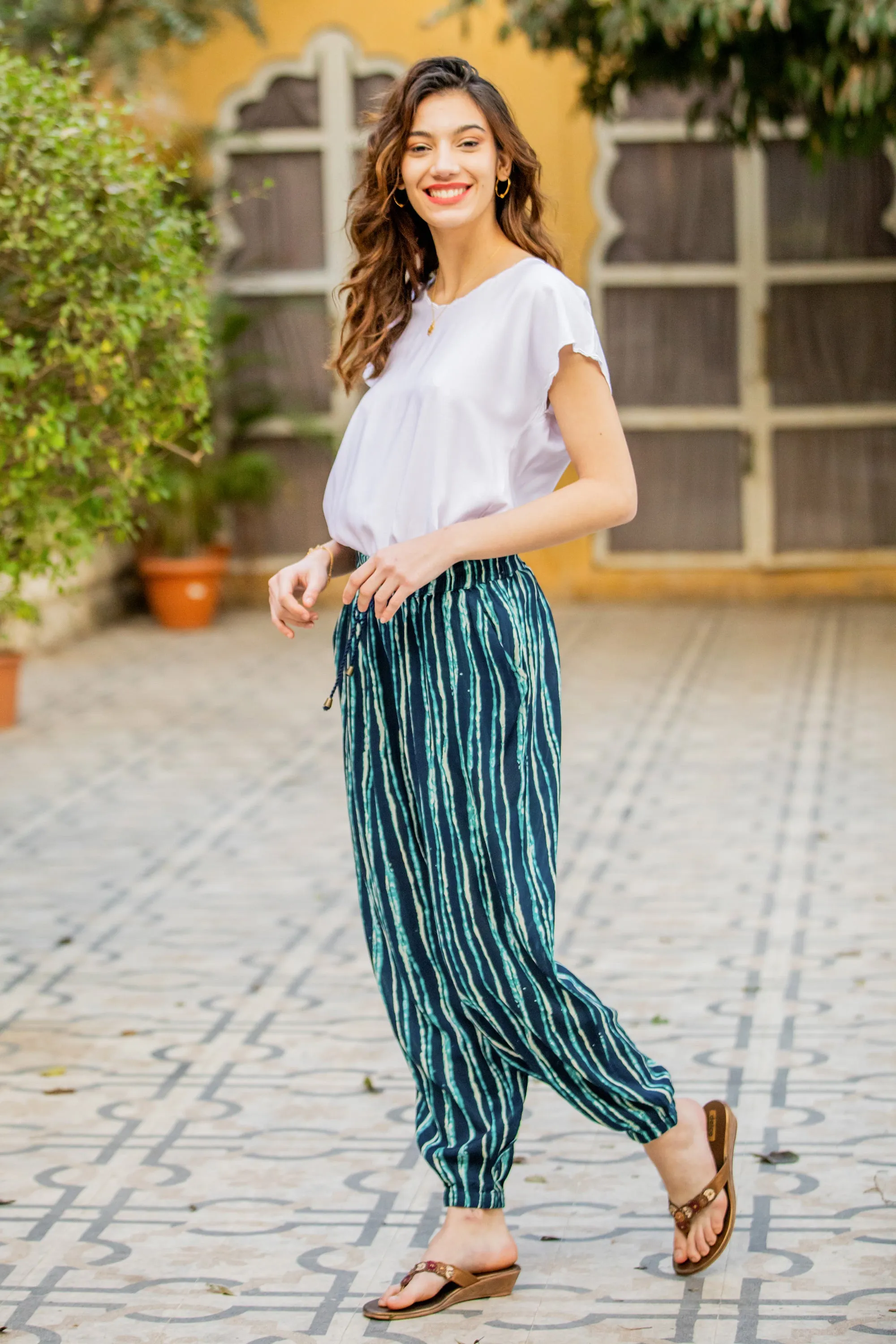 Striped Tie-Dye Viscose Pants from India - Breezy Stripes | NOVICA