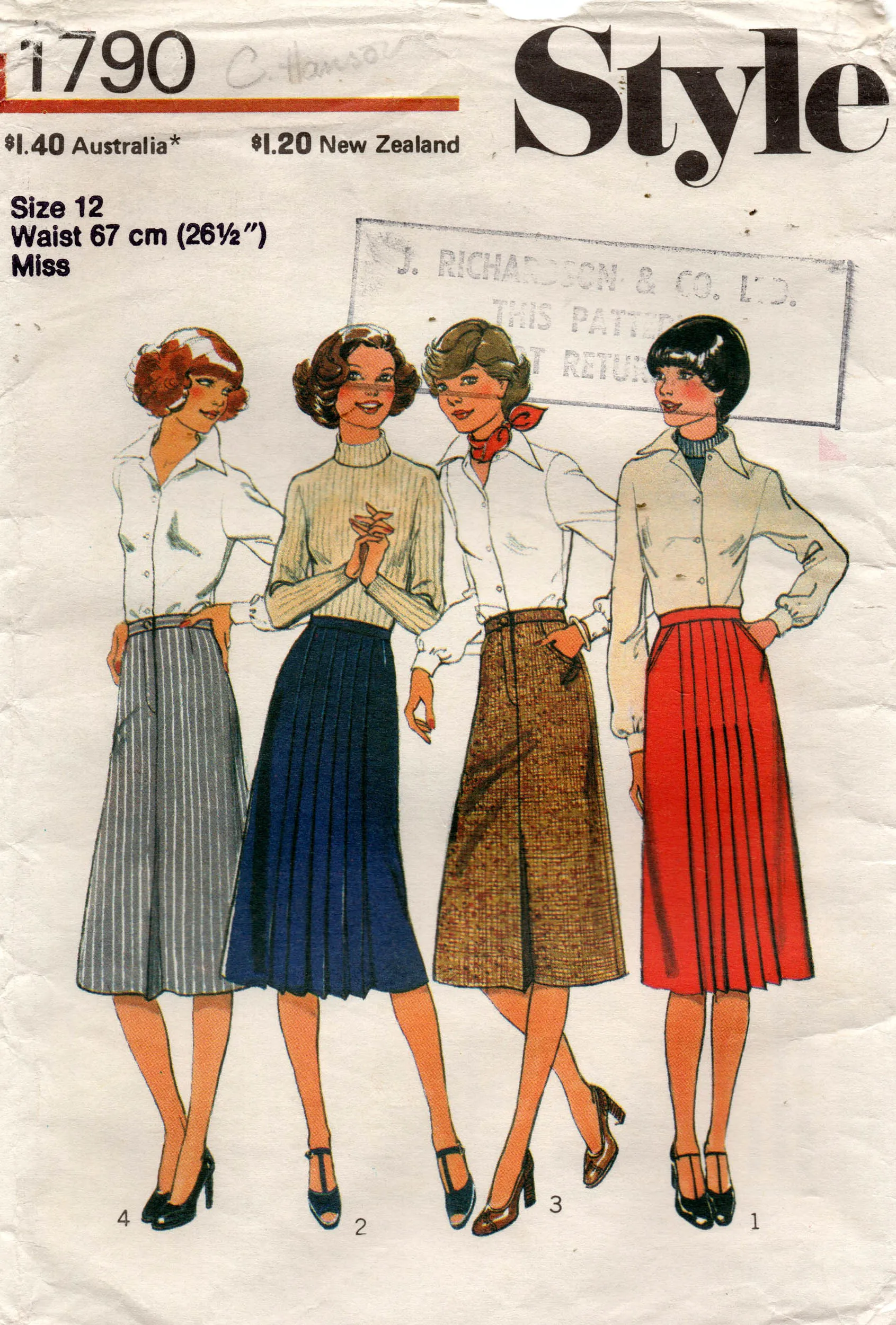 Style 1790 Womens Slim Pleated Skirts 1970s Vintage Sewing Pattern Size 12 Waist 26.5 inches