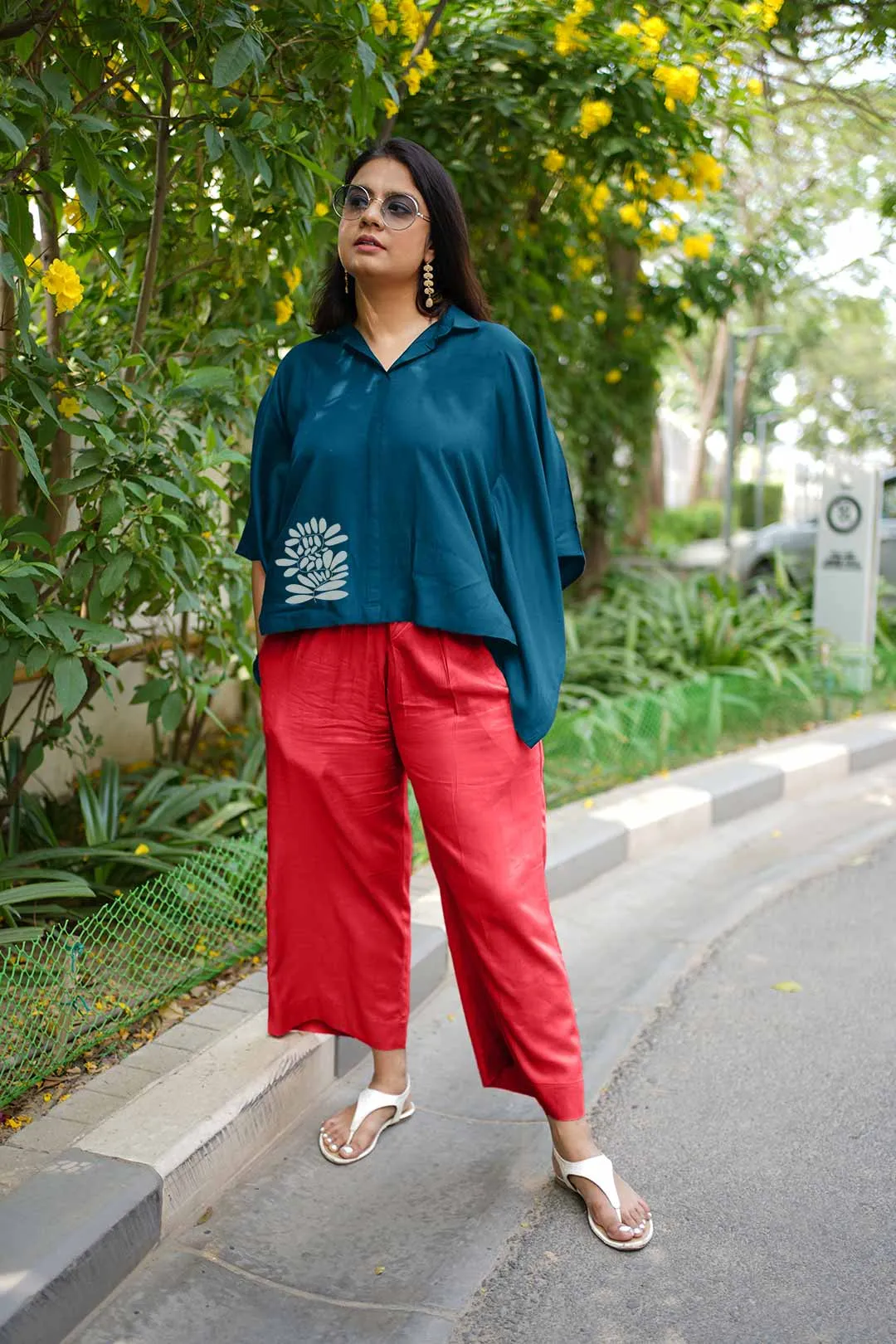 Teal Rayon KaftanTop & Red Palazzo - Zenith