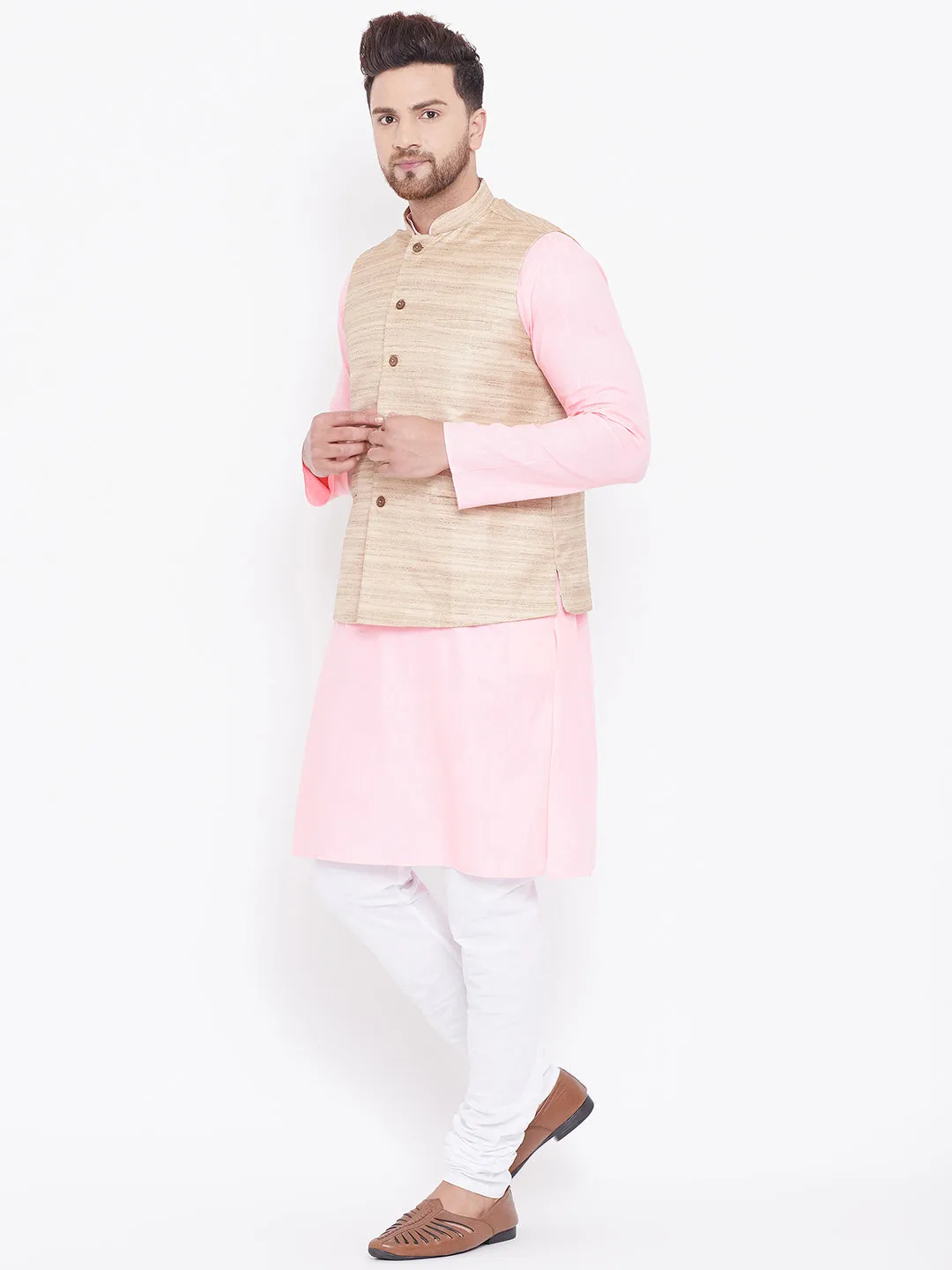 VASTRAMAY Men's Beige Pink Cotton Blend Set