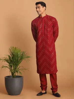 Vastramay Men's Maroon Mirror Kurta Pyjama Set