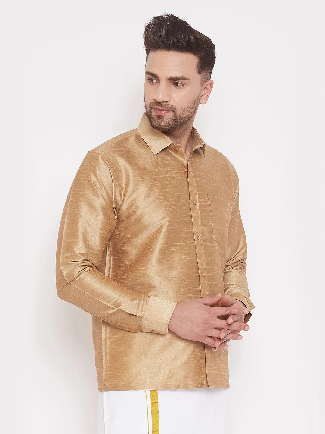 VASTRAMAY Men's Rose Gold Silk Shirt