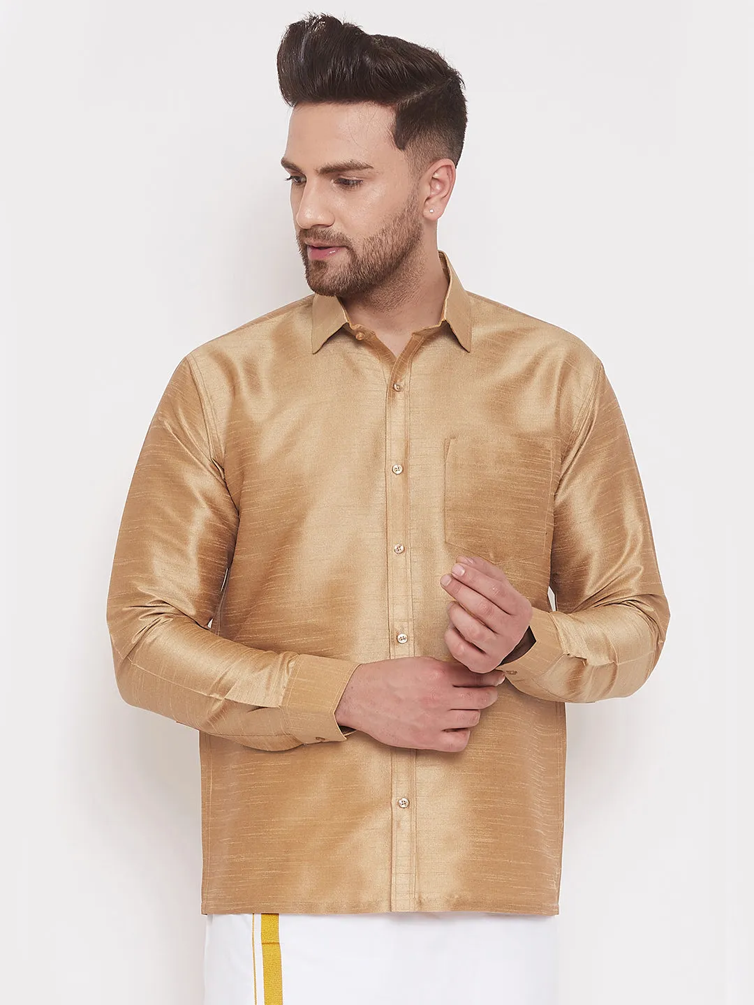 VASTRAMAY Men's Rose Gold Silk Shirt