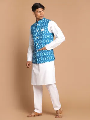 VASTRAMAY Turquoise Cotton Nehru Jacket Set