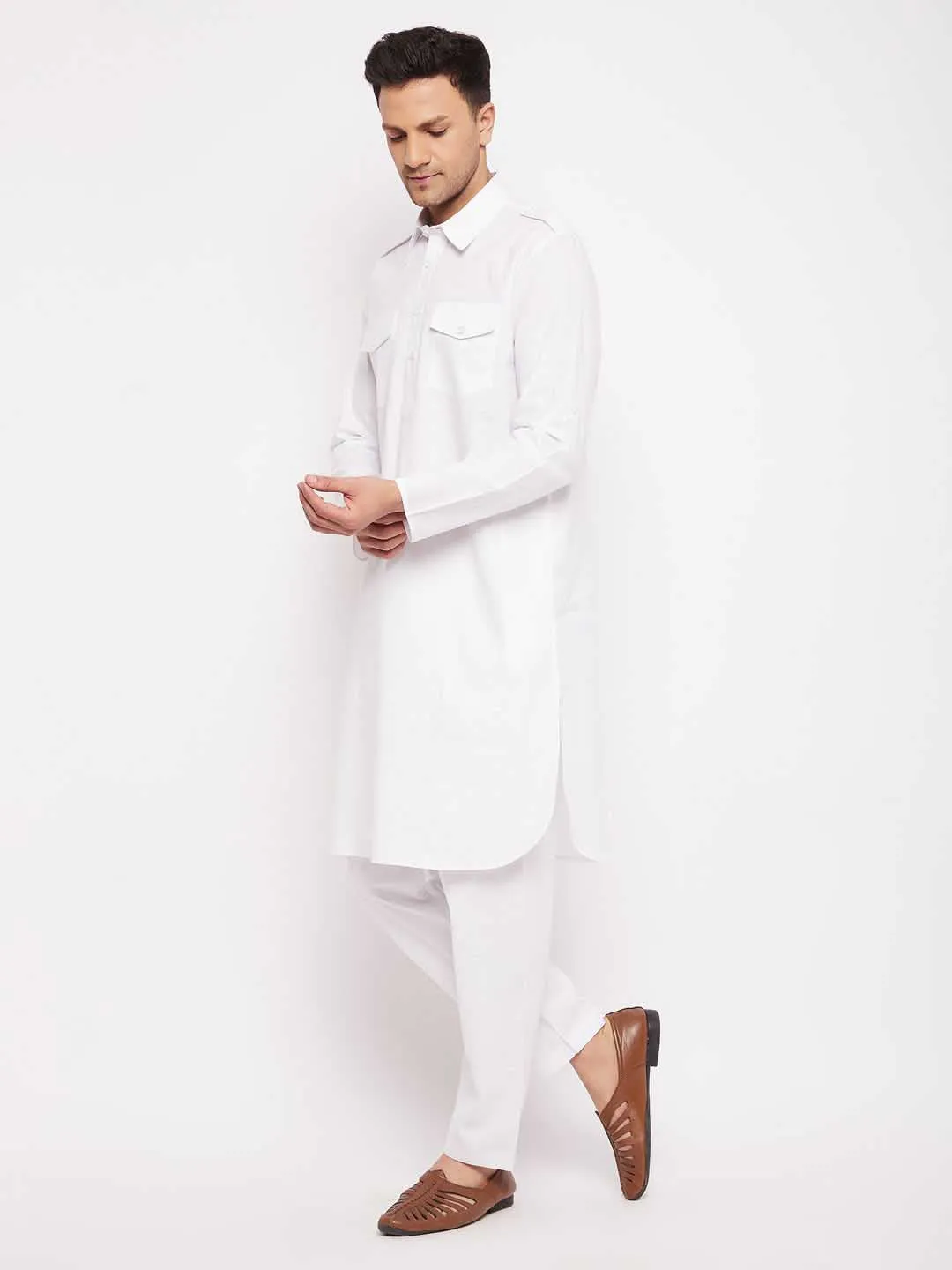 VASTRAMAY White Cotton Pathani Suit Set