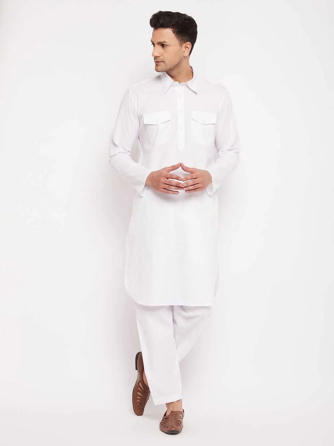 VASTRAMAY White Cotton Pathani Suit Set