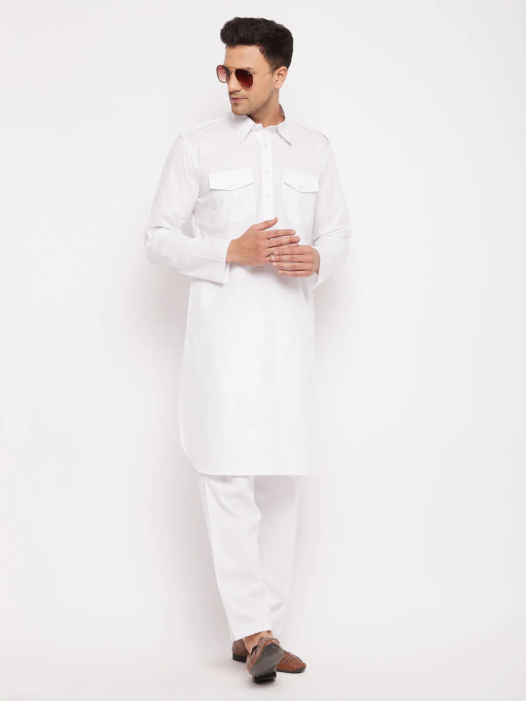 VASTRAMAY White Cotton Pathani Suit Set