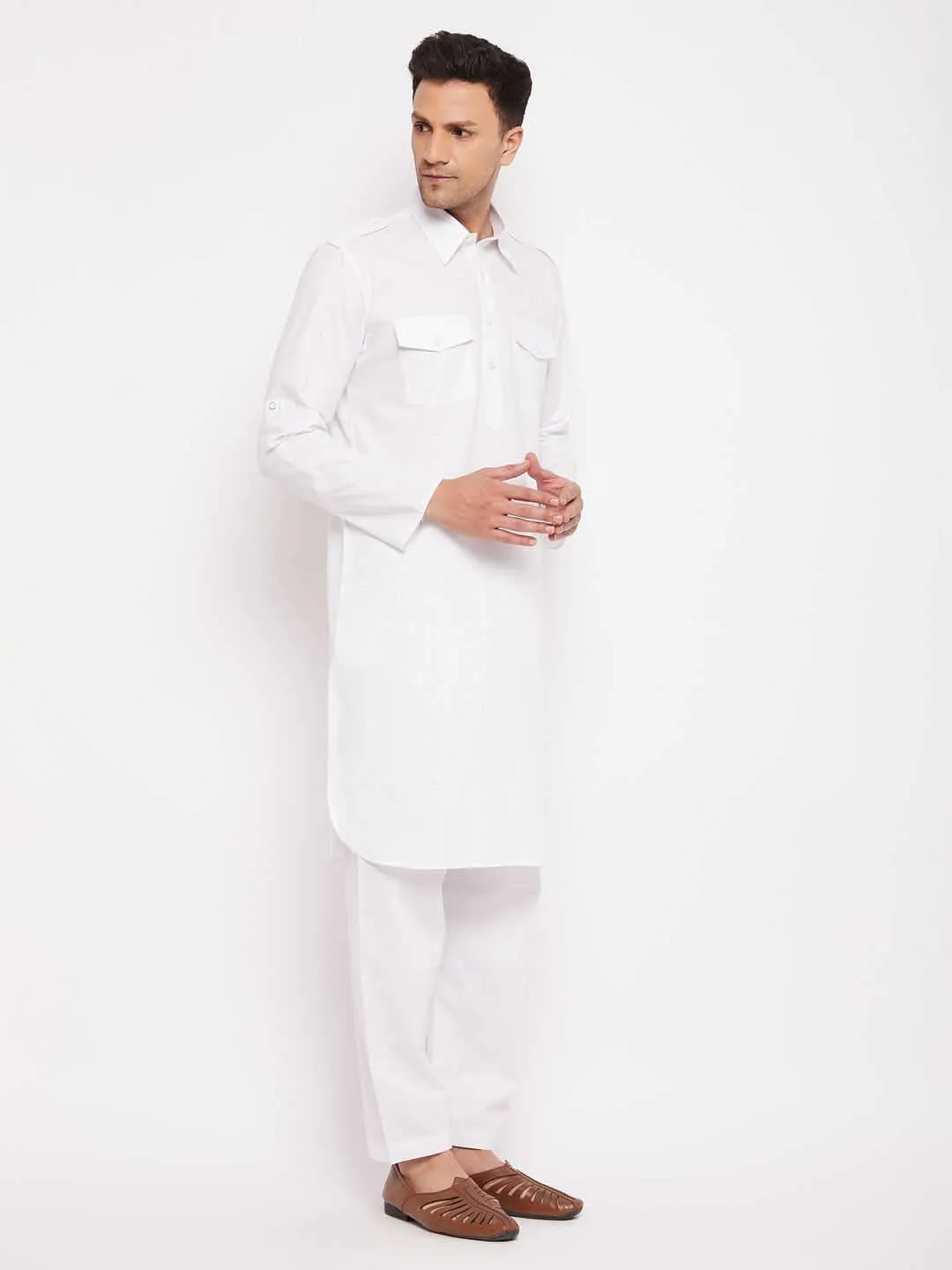 VASTRAMAY White Cotton Pathani Suit Set