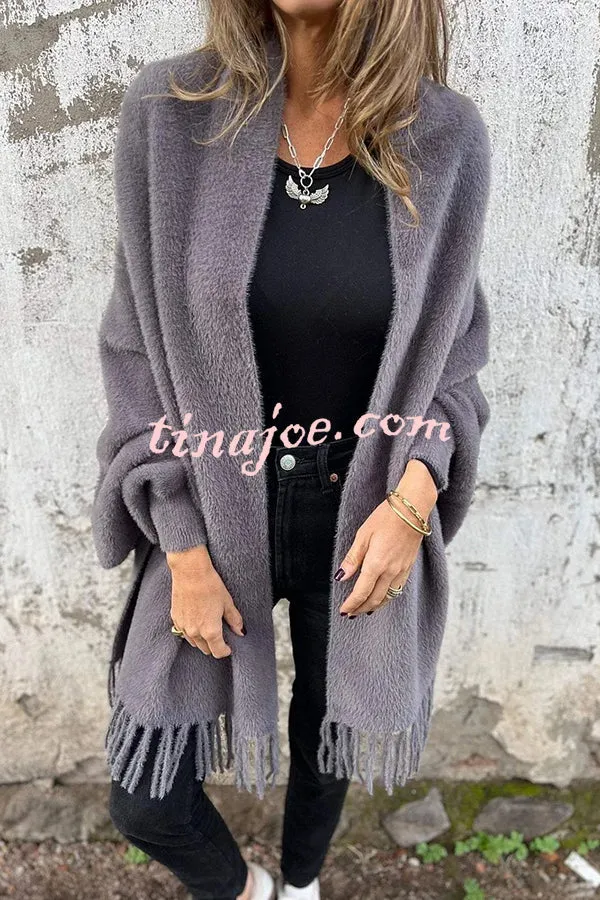 Warm Corner Knit Plush Tassel Trim Relaxed Shawl Cardigan