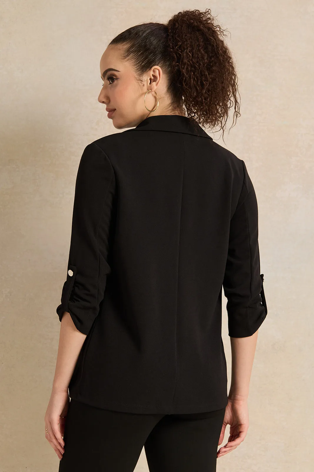 Women Black Rolled Up Sleeve Blazer