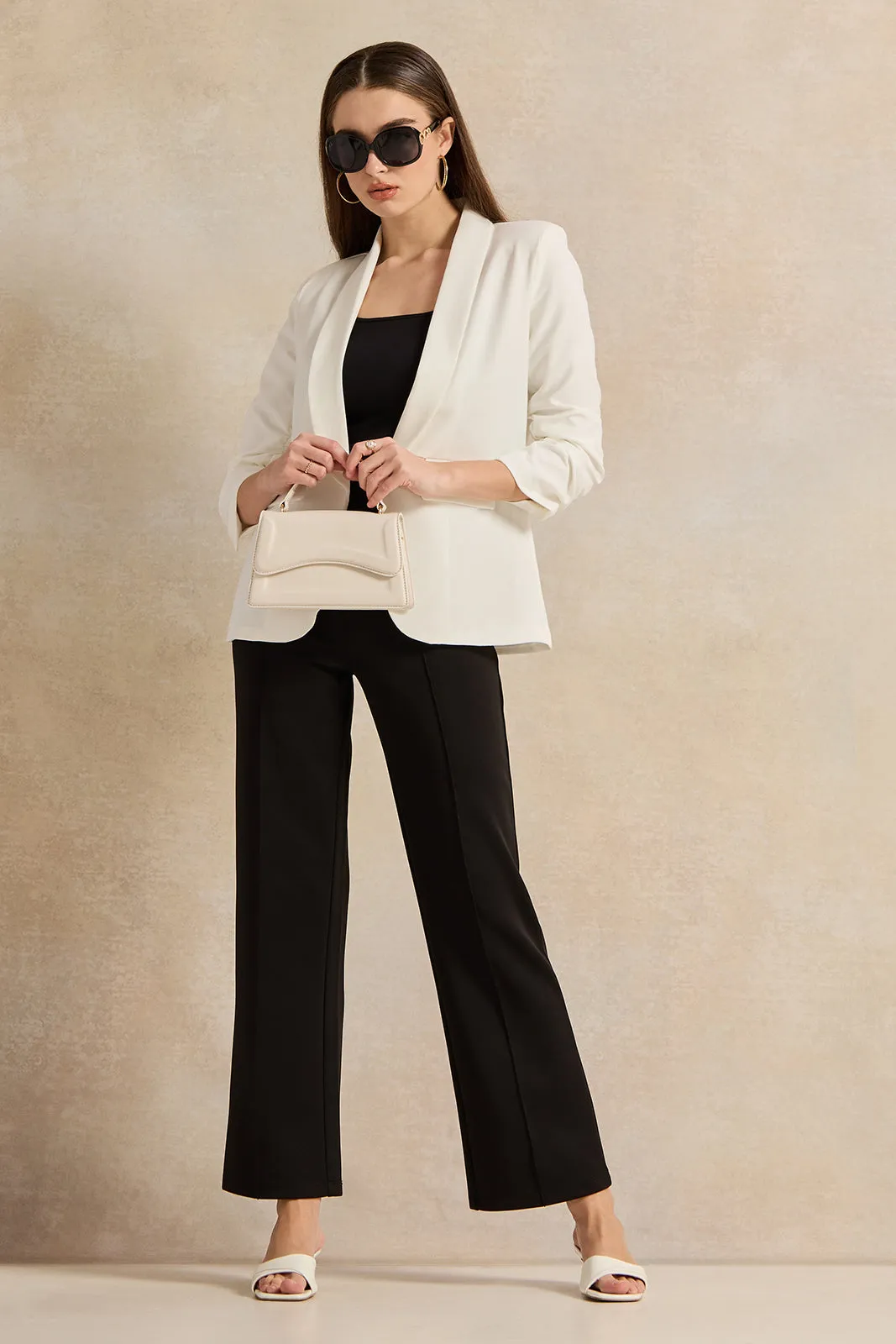 Women Ivory Ruched Sleeve Blazer